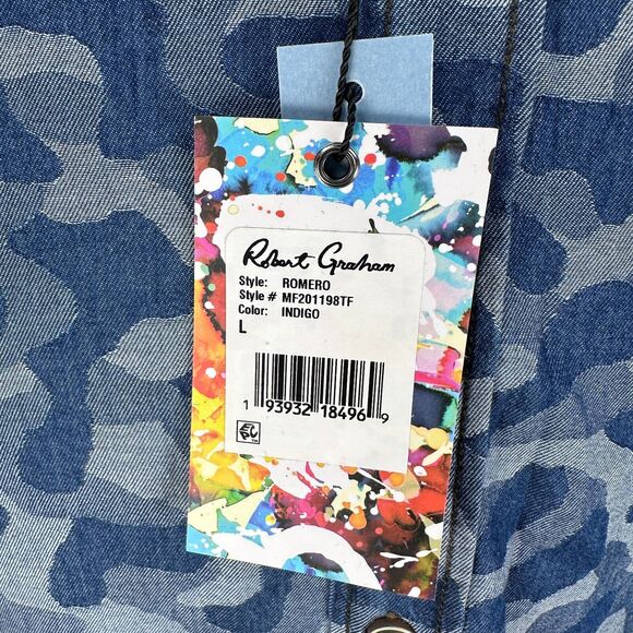 Robert Graham Romero Button Shirt Men’s Large Indigo Blue Camo Tailored Fit New - Picture 6 of 12